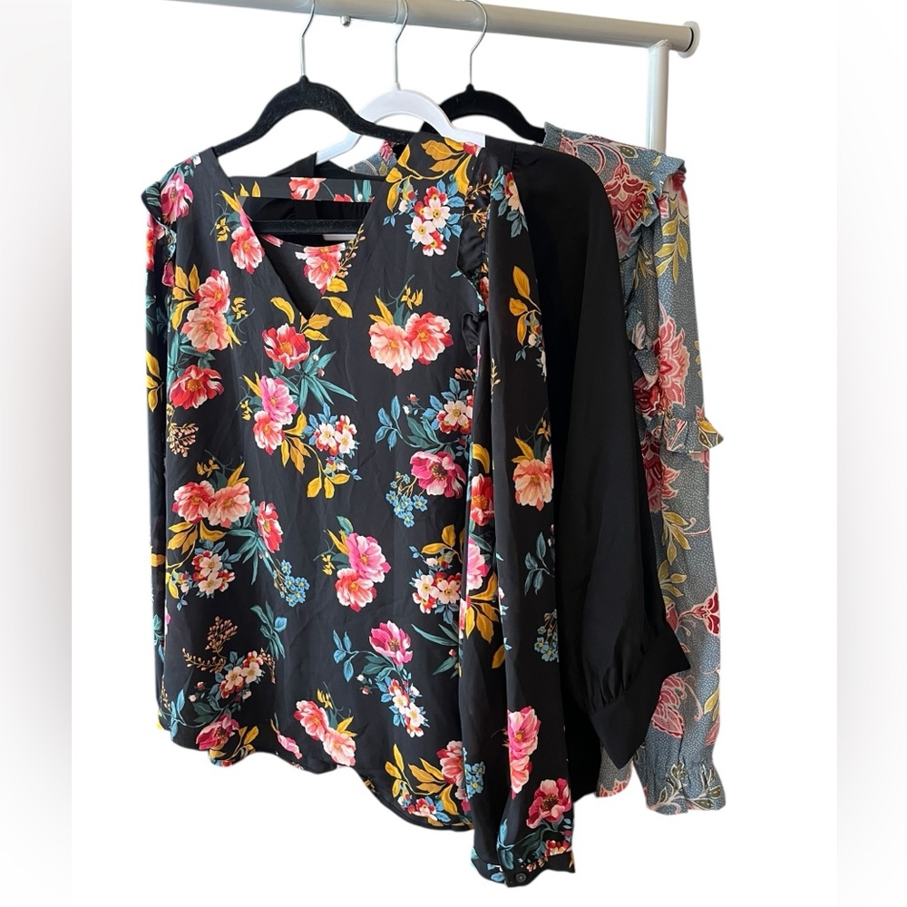 LOFT BUNDLE of 3 Business Casual Floral Blouses Large black floral blue